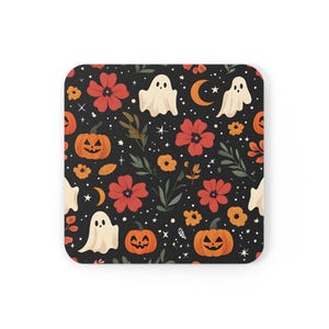 Floral Ghost Pumpkin Halloween Coaster Spooky Cute Fall Drink Decor