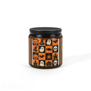 Halloween Checkerboard Candle | Spooky Fall Jar Candle with Ghosts and Pumpkins