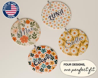 Floral Personalized Dog ID Tag, Custom Round Pet Name Tag, Flower Pattern Durable Aluminum, Made in the USA