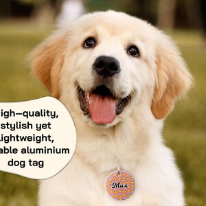 May include: A smiling golden retriever with a dog tag that says "Max". The tag has a colorful pattern. Text on the left says "High-quality, stylish yet lightweight, durable aluminum dog tag".