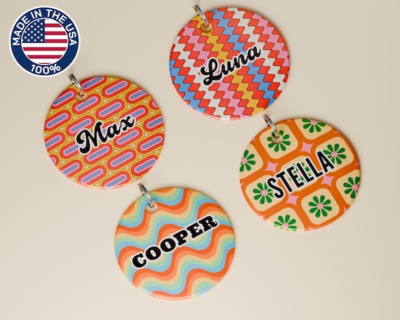 Retro Patterns Personalized Dog ID Tag, Custom Round Pet Name Tag, Cute Colorful Double‑Sided Dog Tag, Customizable Pet Collar Tag