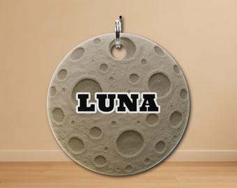 Personalized Moon Dog ID Tag, Custom Round Aluminum Pet Name Tag, USA Made