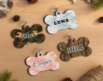 Camo Personalized Dog ID Tag, Bone-Shaped Metal Camouflage Tags, Durable Aluminum, Made in the USA