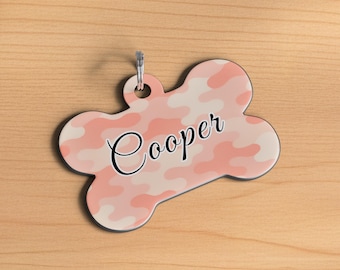 Pink Camo Personalized Dog ID Tag, Bone-Shaped Metal Tags, Durable Aluminum, Made in the USA