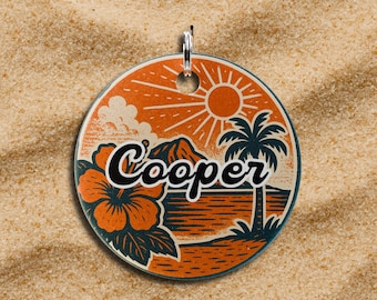 May include: A round pet tag with a tropical design featuring a sun, palm tree, and hibiscus flower. The name "Cooper" is written in a script font. The tag is orange, teal, and white.