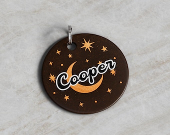 Gold Celestial Personalized Dog ID Tag, Moon & Stars Pet Tag
