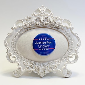 May include: A white, ornate picture frame with an oval opening, holding a blue button with the text "Justice For Cricket" and star graphics. The frame has a distressed finish and floral details, set against a white background.