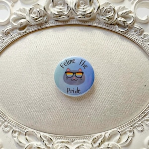 Feline the Pride 1.2 in button with blue background and a cat wearing rainbow sunglasses