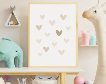 Scandinavian Hearts Poster, Neutral Nursery Print, Minimal Love Wall Art, Kids Room Decor, Unframed Poster