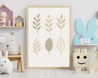 Scandinavian Leaves Poster, Neutral Botanical Nursery Print, Minimal Nature Wall Art, Kids Decor, Unframed Poster