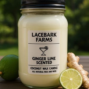 Puede incluir: Una vela en tarro de vidrio con tapa negra, etiquetada como "Lacebark Farms Ginger Lime Scented Coconut Wax Candle". Una lima y raíz de jengibre están junto a la vela.
