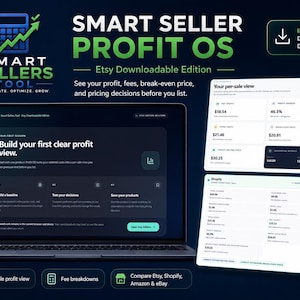 Puede incluir: Un panel de control digital titulado Smart Seller Profit OS para vendedores de Etsy, mostrado en la pantalla de un portátil junto a dos paneles de interfaz blancos con datos financieros, márgenes y costes.