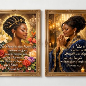 Christian Wall Art Set, Black Woman Bible Verse Bundle, Jeremiah 29 11 Proverbs 31 25 Printable