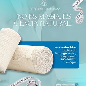 Peut inclure: Image présentant des bandages de compression beiges roulés, un mètre ruban et du texte en espagnol. Le texte dit "NO ES MAGIA, ES CIENCIA NATURAL!" et "Las vendas frías activan la termogénesis y te ayudan a moldear tu cuerpo."