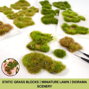 May include: Various static grass blocks in shades of green and brown, designed for miniature landscapes. The blocks are arranged on a white surface, with a close-up showing the texture. Text at the bottom reads: STATIC GRASS BLOCKS | MINIATURE LAWN | DIORAMA SCENERY.