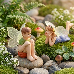 2 Pc Fairy Boy Girl Figurines | Playful Resin Miniatures for Tiny Displays | Mini Fairy for Fairy Garden, Plant Pot Accessories & Diorama