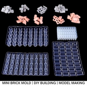 May include: A collection of mini brick molds and sample bricks in various shapes and colors, including gray and reddish-brown. The molds are clear plastic and designed for DIY building and model making. The text "MINI BRICK MOLD | DIY BUILDING | MODEL MAKING" is at the bottom.