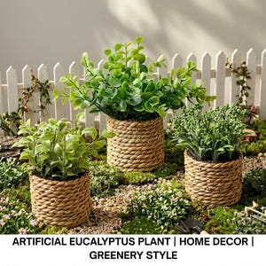 Mini Artificial Eucalyptus Potted Plant 17cm | Small Faux Greenery for Cozy Displays | Plant for Fairy Garden Styling & Dollhouse Mini Space