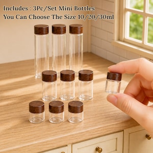 3Pc Mini Glass Bottles with Wood Lids | Miniature Storage Jars | Spice & Coffee Bean Containers | Wood Lid Jars | Pantry Containers for Doll