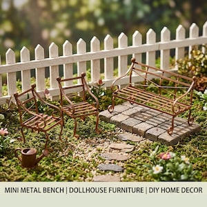 Miniature Garden Bench and Chair | Small Outdoor Furniture for Decorative Mini Scenes | Collector Displays, Dollhouse Styling & Decor