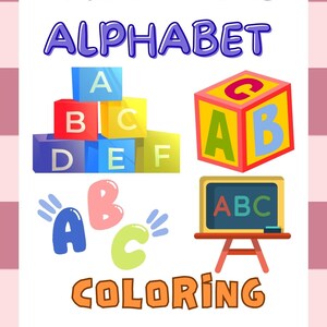 May include: A colorful illustration for a children's coloring book titled "The Magic Alphabet." The image features alphabet blocks, letters, and a small chalkboard with the letters A, B, and C. The background is white with pink stripes.