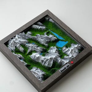 Pode incluir: Uma obra de arte paisagística 3D emoldurada com uma cordilheira com vegetação verde e lagos azuis. As montanhas são brancas e cinzentas, num quadro de madeira escura. Uma pequena folha de bordo vermelha e um rótulo que diz "Kawartha Lakes" são visíveis.