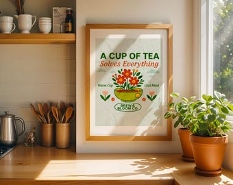 Decorative Tea Poster For Tea Lovers | Green Café Décor Print For Tea Lovers | Kitchen Tea Poster Gift | Calm Tea Print | Digital Download