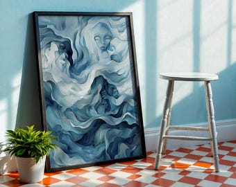 Surreal Teal Wall Art | Trippy Sea Faces Poster | Abstract Coastal Waves Print | Funky Above Bed Decor | Digital Download
