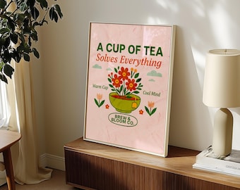 Aesthetic Pink Tea Poster | Botanical Pink Print For Tea Lovers | Calm Kitchen Décor | Artful Tea Cup Café Print | Digital Download