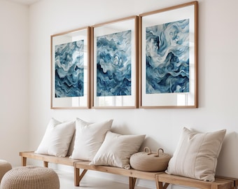Teal Abstract Waves Print Set of 3 | Surreal Funky Wall Art | Trippy Teal Prints | Gallery Wall Poster Set | Teal Decor | Digital Download