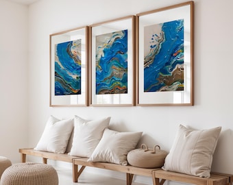 Set of 3 Abstract Seascapes | Teal Wall Art | Navy Blue & Turquoise Coastal Decor | Funky Contemporary Ocean Artwork | Digital Download