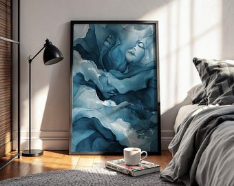 Teal Abstract Faces Wall Art | Surreal Trippy Waves Print | Printable Teal Poster | Funky Coastal Art | Above Bed Art | Digital Download