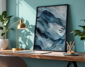 Trippy Teal Waves Wall Art | Surreal Coastal Face Print | Abstract Sea Poster | Funky Above Bed Décor | Digital Download