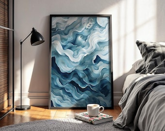Teal Surreal Faces Wall Art | Trippy Coastal Waves Print | Funky Abstract Sea Poster |  Teal Home Décor | Digital Download