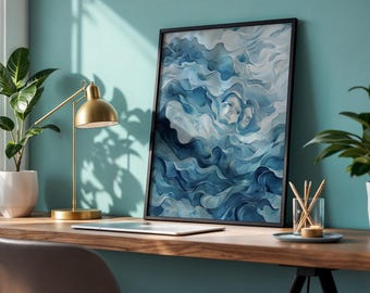 Teal Waves Wall Art | Surreal Face Sea Poster | Trippy Abstract Coastal Print | Teal Home Decor | Funky Above Bed Art | Digital Download