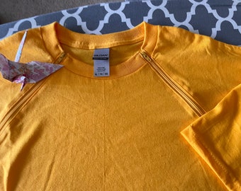 Kick Cancer: Adult XL. Easy Port accessible zippers shirt for patient with chest port, Gold with Sunflower zippers. Short sleeves.