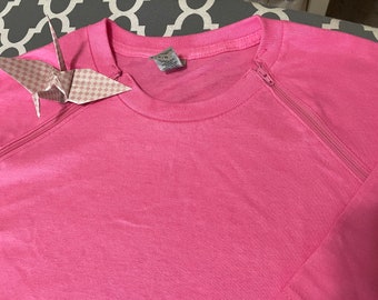 Kick Cancer: Adult XL. Easy Port accessible zippers shirt for chemotherapy patient, Azalea pink with Princess pink zippers. Short sleeve.