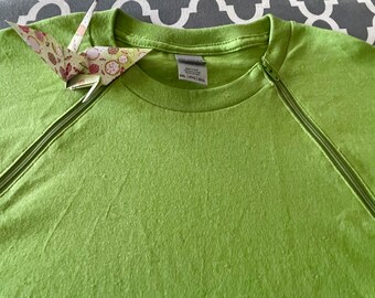 Kick Cancer: Adult 2XL Easy Port accessible zippers shirt for chemotherapy patient. Kiwi with Avocado zippers. Short sleeves.