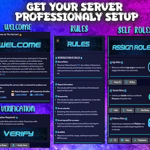 May include: A digital interface for a server setup, featuring sections for welcome, rules, and self-roles. The design uses a dark blue and purple color scheme with white text. The interface includes options for verification and bot management.