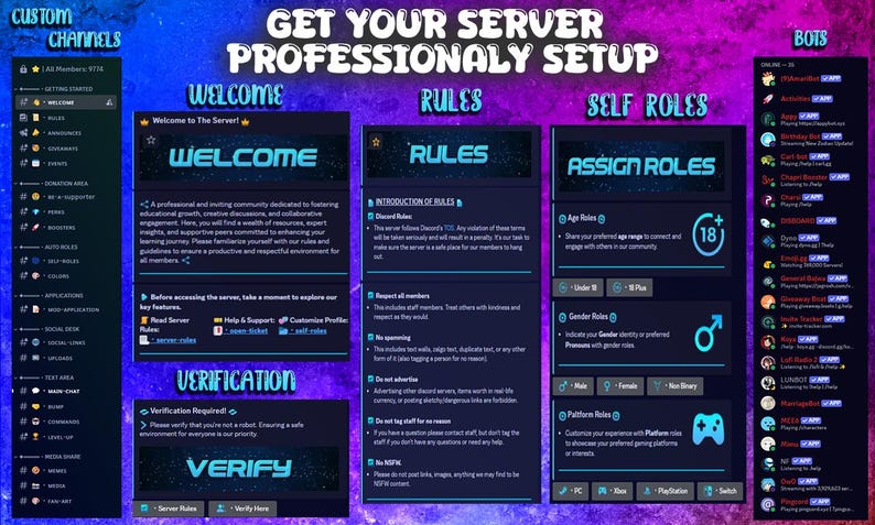May include: A digital interface for a server setup, featuring sections for welcome, rules, and self-roles. The design uses a dark blue and purple color scheme with white text. The interface includes options for verification and bot management.