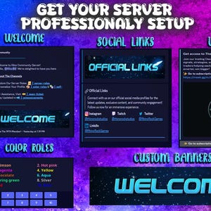 May include: A digital graphic with a dark blue and purple gradient background. The image features text that says "Get Your Server Professionally Setup" and "Welcome". There are sections for "Social Links" and "Upgrade".