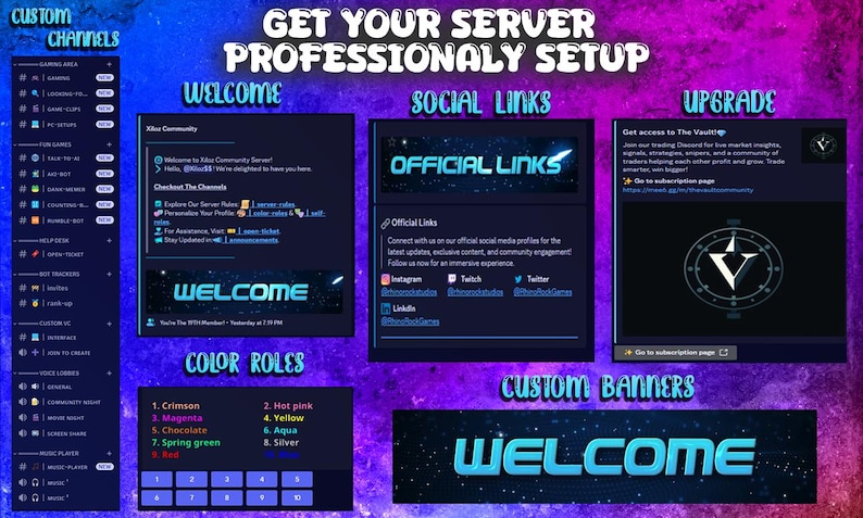 May include: A digital graphic with a dark blue and purple gradient background. The image features text that says "Get Your Server Professionally Setup" and "Welcome". There are sections for "Social Links" and "Upgrade".