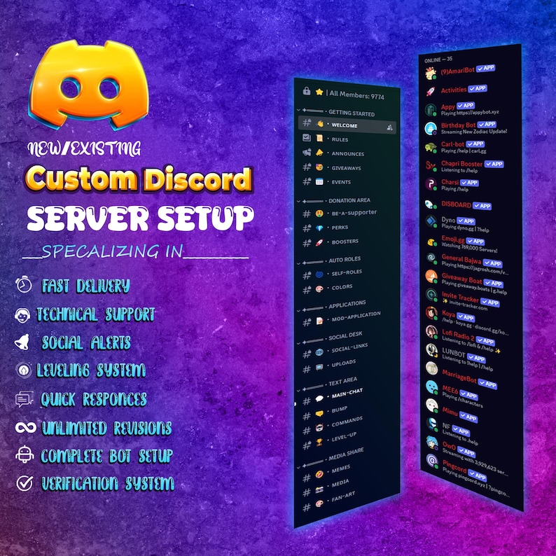 May include: A graphic promoting custom Discord server setup services. The image features the Discord logo, text highlighting services like fast delivery and technical support, and example server layouts. The background is a gradient of purple and blue.