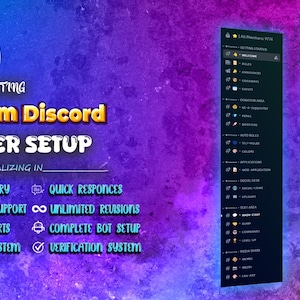 May include: Image promoting custom Discord server setup services. The text includes "Custom Discord Server Setup" and lists features like fast delivery, technical support, and social alerts. The background is a gradient of purple and blue.