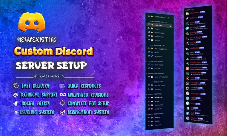 May include: Image promoting custom Discord server setup services. The text includes "Custom Discord Server Setup" and lists features like fast delivery, technical support, and social alerts. The background is a gradient of purple and blue.