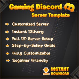 May include: A digital graphic for a Gaming Discord Server Template featuring the Discord logo and text: Gaming Discord Server Template, Customized Server, Instant Diliver, Full RP Server Setup, Step-by-Setup Guide, Fully Customizable, Beginner Friendly, Instant Download.