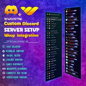 Puede incluir: Gráfico digital que promociona la configuración personalizada del servidor Discord con integración Whop. La imagen presenta el logotipo de Discord, capturas de pantalla de la interfaz del servidor y una lista de servicios.