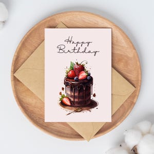 Birthday Greeting Card, Elegant Watercolor Chocolate Cake, Classic Greeting Birthday, Printable Digital Download