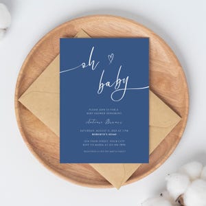 Baby Shower Invitation – Minimal Script Design in Navy Blue – Oh Baby Theme – Fully Editable – Printable Digital Download
