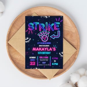 15th Birthday Invitation, Neon Glow Bowling Alley, Glow in the Dark Bowling, Let&#39;s Strike, Fully Personalizable, Printable Digital Download